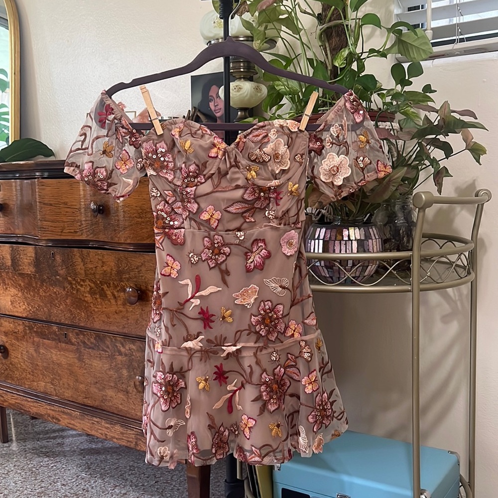Dreamy nude lace dress with floral accents